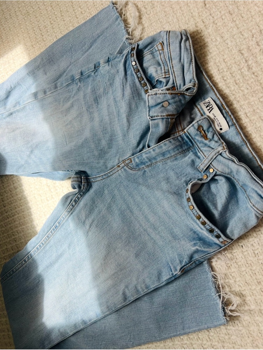 ZARA Light Blue Cropped Straight-Leg Jeans with Stud Trim